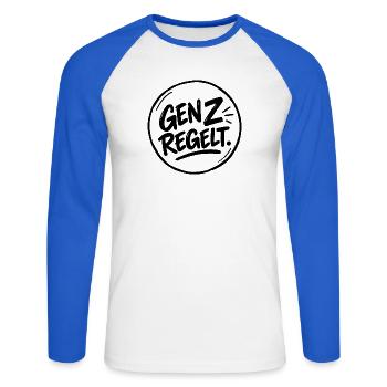 GenZ regelt. – Gen Z Spruch - Unisex Baseballshirt langarm - Weiß/Royalblau - Vorne - Nik (191cm)