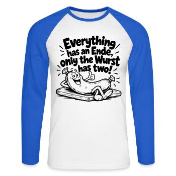 Lustiger Denglisch Spruch Everything has an Ende - Unisex Baseballshirt langarm - Weiß/Royalblau - Vorne - Nik (191cm)