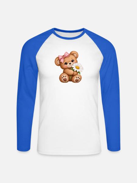 Süßer Teddybär mit Gänseblümchen - Unisex Baseballshirt langarm - Weiß/Royalblau