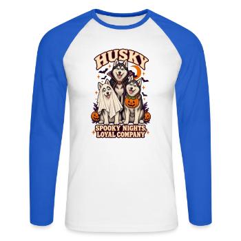 Spooky Nights Loyale Gesellschaft – Husky Halloween-Hund - Unisex Baseballshirt langarm - Weiß/Royalblau - Vorne - Nik (191cm)