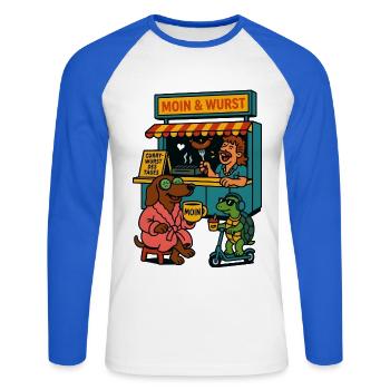 Dackel Imbiss Moin und Wurst - Unisex Baseballshirt langarm - Weiß/Royalblau - Vorne - Nik (191cm)