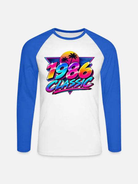 1986 Klassische Neonpalme - Unisex Baseballshirt langarm - Weiß/Royalblau