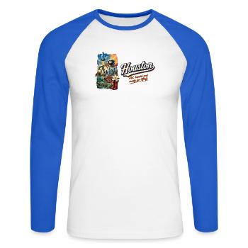 Houston Retro Vintage Space City Skyline Design - Unisex Baseballshirt langarm - Weiß/Royalblau - Vorne - Nik (191cm)