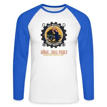 Kfz-Meister – Mechaniker Werkstatt Meisterbrief - Unisex Baseballshirt langarm - Weiß/Royalblau - Vorne - Nik (191cm)