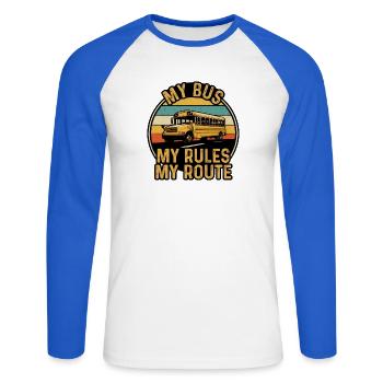 Mein Bus bestimmt meine Route - Unisex Baseballshirt langarm - Weiß/Royalblau - Vorne - Nik (191cm)