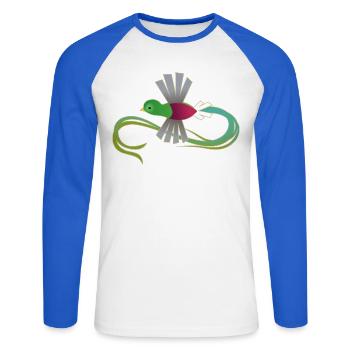 Prachtvolles Quetzal – Heil dem Schwanz - Unisex Baseballshirt langarm - Weiß/Royalblau - Vorne - Nik (191cm)