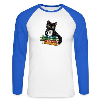 Nerdy Katze mit Kaffee und Büchern - Unisex Baseballshirt langarm - Weiß/Royalblau - Vorne - Nik (191cm)