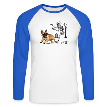 Französische Bulldogge Mit Knochen Vor Skelett - Unisex Baseballshirt langarm - Weiß/Royalblau - Vorne - Nik (191cm)