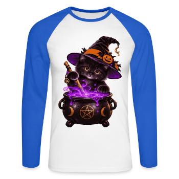 Süße Hexenkatze mit Zauberkessel – Halloween Katze - Unisex Baseballshirt langarm - Weiß/Royalblau - Vorne - Nik (191cm)