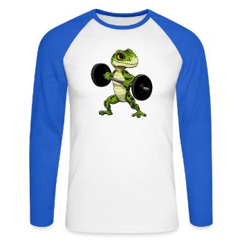 Eidechsen Fitness / Trainer Eidechse - Unisex Baseballshirt langarm - Weiß/Royalblau - Vorne - Nik (191cm)