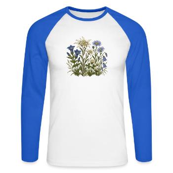 Alpenblumen – Botanische Vintage-Illustration - Unisex Baseballshirt langarm - Weiß/Royalblau - Vorne - Nik (191cm)