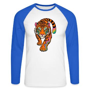 Neonfarben Tiger im Sprung - Unisex Baseballshirt langarm - Weiß/Royalblau - Vorne - Nik (191cm)