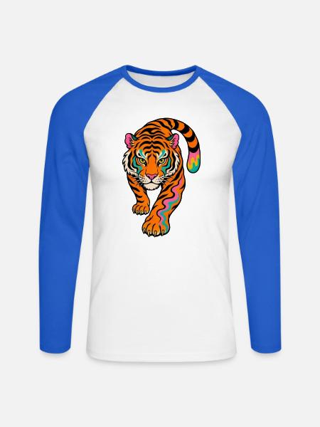 Neonfarben Tiger im Sprung - Unisex Baseballshirt langarm - Weiß/Royalblau