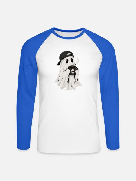 Geisterkaffee Ghost mit Cap - Unisex Baseballshirt langarm - Weiß/Royalblau