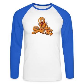 Lebkuchen Chaos: Zerrissenes Kekspaar - Unisex Baseballshirt langarm - Weiß/Royalblau - Vorne - Nik (191cm)