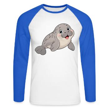 Süße lachende Seekuh – Lustiges Comic Motiv - Unisex Baseballshirt langarm - Weiß/Royalblau - Vorne - Nik (191cm)