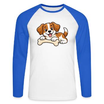 Süßer kleiner Hund mit Knochen – Comic Welpe - Unisex Baseballshirt langarm - Weiß/Royalblau - Vorne - Nik (191cm)