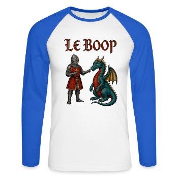 Le Boop – Ritter boopt Drachen | Mittelalter Meme - Unisex Baseballshirt langarm - Weiß/Royalblau - Vorne - Nik (191cm)