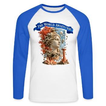 The World Awaits You – Surreale Weltreise - Unisex Baseballshirt langarm - Weiß/Royalblau - Vorne - Nik (191cm)