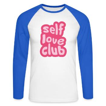 Selbst Love Club Typografisch - Unisex Baseballshirt langarm - Weiß/Royalblau - Vorne - Nik (191cm)