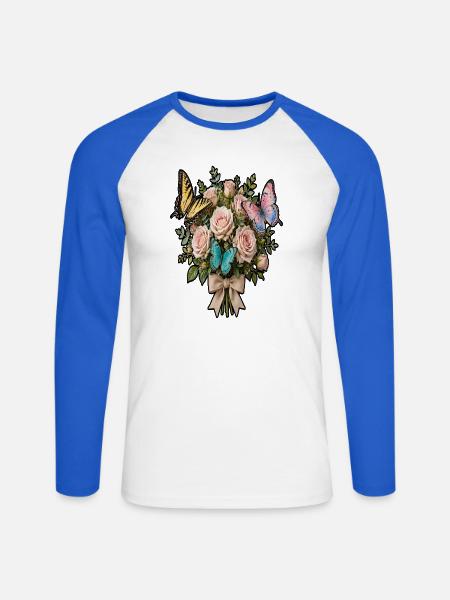 Rosen- und Schmetterlingsstrauß - Unisex Baseballshirt langarm - Weiß/Royalblau