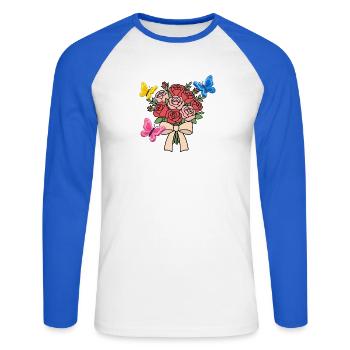 Rosen mit Schmetterlingen und Schleife - Unisex Baseballshirt langarm - Weiß/Royalblau - Vorne - Nik (191cm)