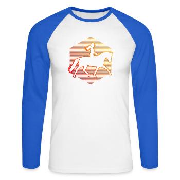 Geschenkidee für eine Springreiterin mit Reitsport - Unisex Baseballshirt langarm - Weiß/Royalblau - Vorne - Nik (191cm)