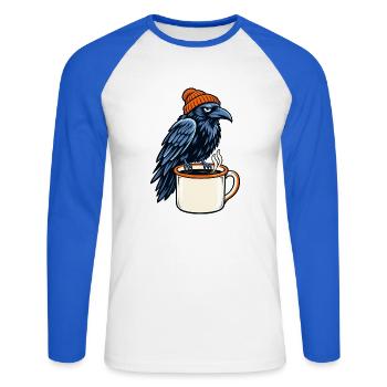 Rabe mit Mütze über Kaffeebecher - Unisex Baseballshirt langarm - Weiß/Royalblau - Vorne - Nik (191cm)