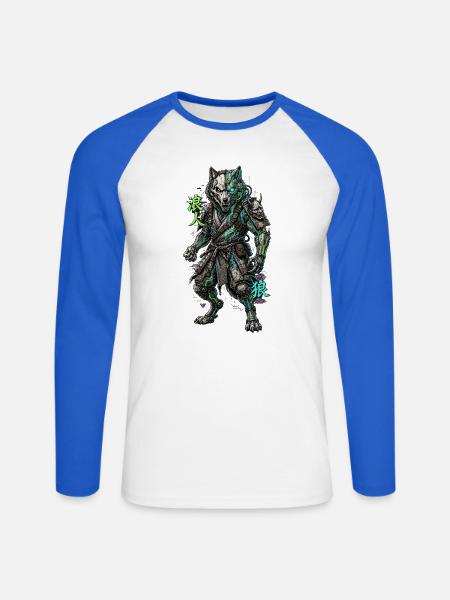 Cyber Wolf Mech Samurai Krieger - Unisex Baseballshirt langarm - Weiß/Royalblau