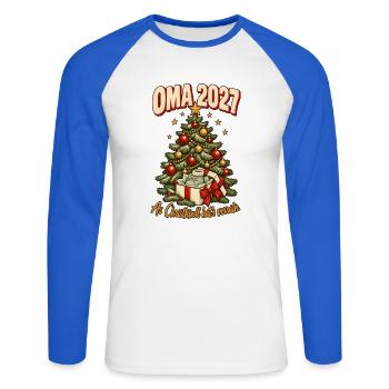 Oma 2027 Christkindl hat's verraten - Unisex Baseballshirt langarm - Weiß/Royalblau - Vorne - Nik (191cm)