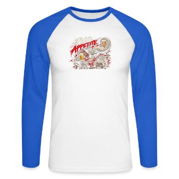 Big Appetite Elefant mit Burger und Bier - Unisex Baseballshirt langarm - Weiß/Royalblau - Vorne - Nik (191cm)