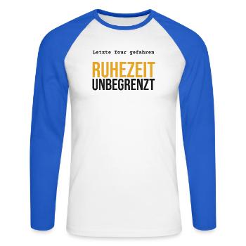 Rente LKW – Ruhezeit unbegrenzt - Unisex Baseballshirt langarm - Weiß/Royalblau - Vorne - Nik (191cm)