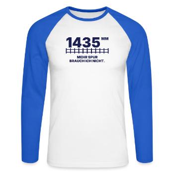 1435 mm Normalspur – Lustiges Eisenbahner Shirt - Unisex Baseballshirt langarm - Weiß/Royalblau - Vorne - Nik (191cm)