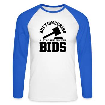Auktionieren Spruch Humor - Unisex Baseballshirt langarm - Weiß/Royalblau - Vorne - Nik (191cm)