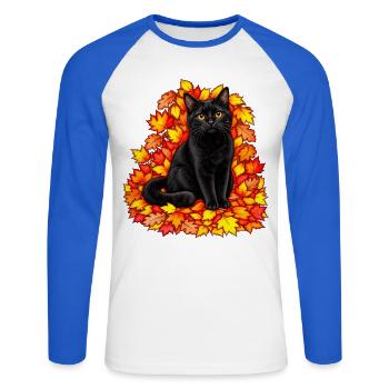 Schwarze Katze im Herbstlaub - Unisex Baseballshirt langarm - Weiß/Royalblau - Vorne - Nik (191cm)