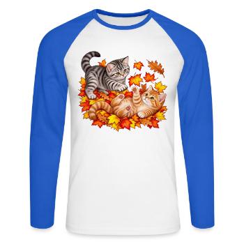 Herbstkätzchen im Herbstlaub - Unisex Baseballshirt langarm - Weiß/Royalblau - Vorne - Nik (191cm)
