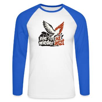 Nie wieder ist jetzt Friedenstaube Demokratie - Unisex Baseballshirt langarm - Weiß/Royalblau - Vorne - Nik (191cm)