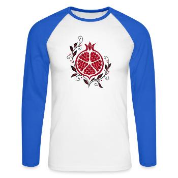 Granatapfel mit Blumen - Botanische Kunst - Unisex Baseballshirt langarm - Weiß/Royalblau - Vorne - Nik (191cm)