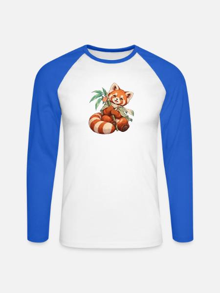 Roter Panda mit Bambus | Noventra - Unisex Baseballshirt langarm - Weiß/Royalblau
