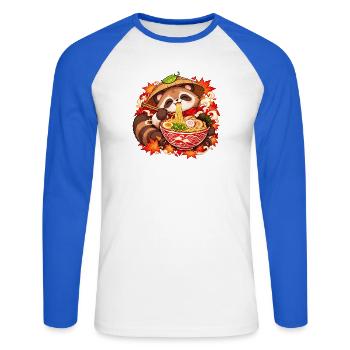 Tanuki mit Ramen und Strohhut | Noventra - Unisex Baseballshirt langarm - Weiß/Royalblau - Vorne - Nik (191cm)