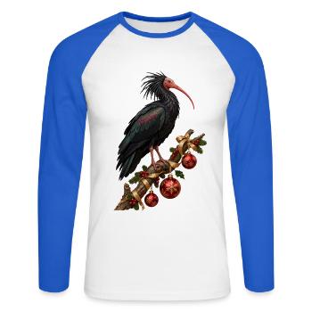 Waldrapp mit rubinroten Weihnachtskugeln - Unisex Baseballshirt langarm - Weiß/Royalblau - Vorne - Nik (191cm)