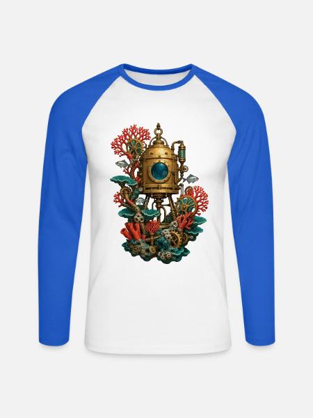 Tauchglocke zwischen mechanischen Korallen - Unisex Baseballshirt langarm - Weiß/Royalblau