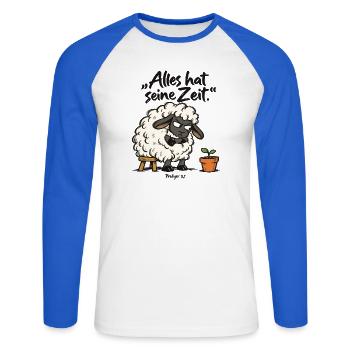 Alles hat seine Zeit Schaf christlich Geduld Bibel - Unisex Baseballshirt langarm - Weiß/Royalblau - Vorne - Nik (191cm)