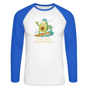 Stay ripe, ride waves - Unisex Baseballshirt langarm - Weiß/Royalblau - Vorne - Nik (191cm)