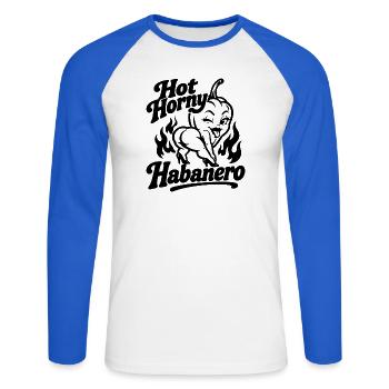 Hot Horny Habanero - Unisex Baseballshirt langarm - Weiß/Royalblau - Vorne - Nik (191cm)