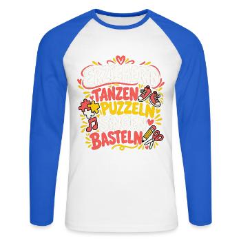 Erzieherin – Tanzen Puzzeln Singen Basteln - Unisex Baseballshirt langarm - Weiß/Royalblau - Vorne - Nik (191cm)
