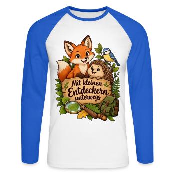 Erzieher Shirt mit Waldtieren & kleine Entdecker - Unisex Baseballshirt langarm - Weiß/Royalblau - Vorne - Nik (191cm)
