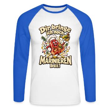 Dir bringe ich noch Marinieren bei! – Grillhumor - Unisex Baseballshirt langarm - Weiß/Royalblau - Vorne - Nik (191cm)