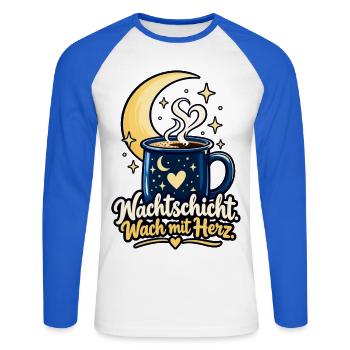 Nachtschicht Shirt mit Mond - Spruch Nachtschicht - Unisex Baseballshirt langarm - Weiß/Royalblau - Vorne - Nik (191cm)