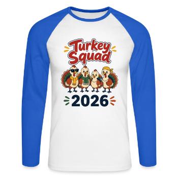 Turkey Squad 2026 – Lustiges Thanksgiving Shirt - Unisex Baseballshirt langarm - Weiß/Royalblau - Vorne - Nik (191cm)